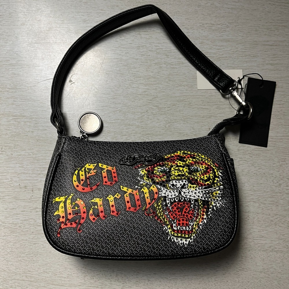 Ed Hardy Shoulder Bag Womens Black Monogram Tiger Graphic Patch Rhinestone